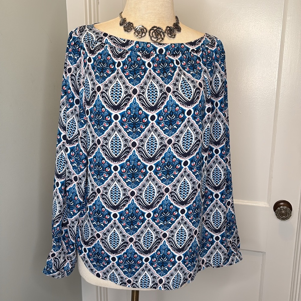LOFT Outlet Blue and White Boho Patterned Blouse Petite Large